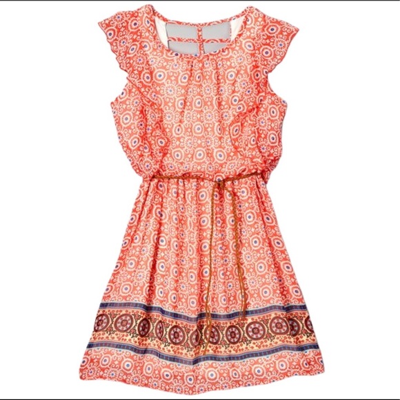 DEX Border Angel Sleeve Dress With Geo Print & Caged Open Back Coral Pink 6Y - Picture 1 of 7